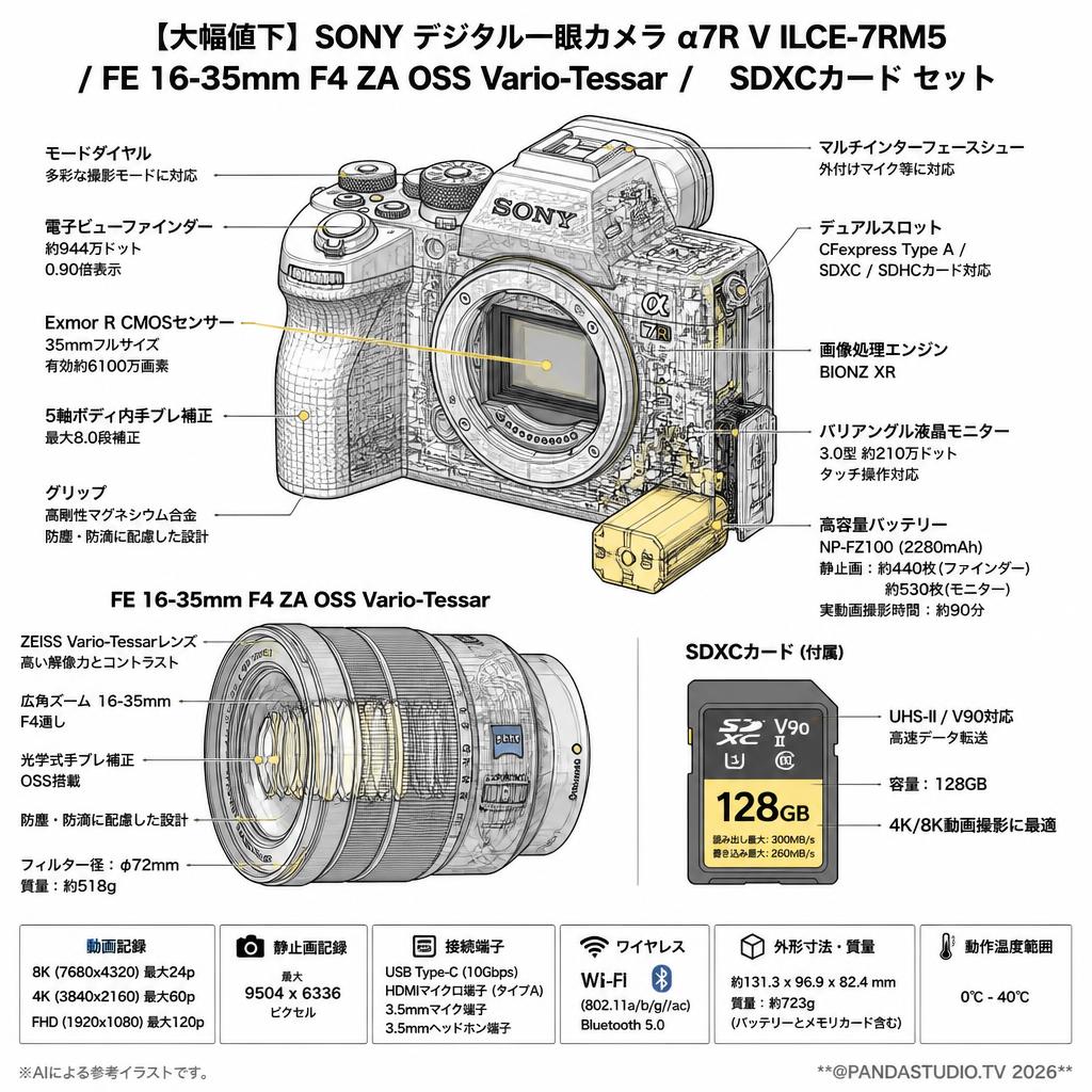 【大幅値下】SONY デジタル一眼カメラ α7R V ILCE-7RM5 /  FE 16-35mm F4 ZA OSS Vario-Tessar  /  SDXCカード セット スペック