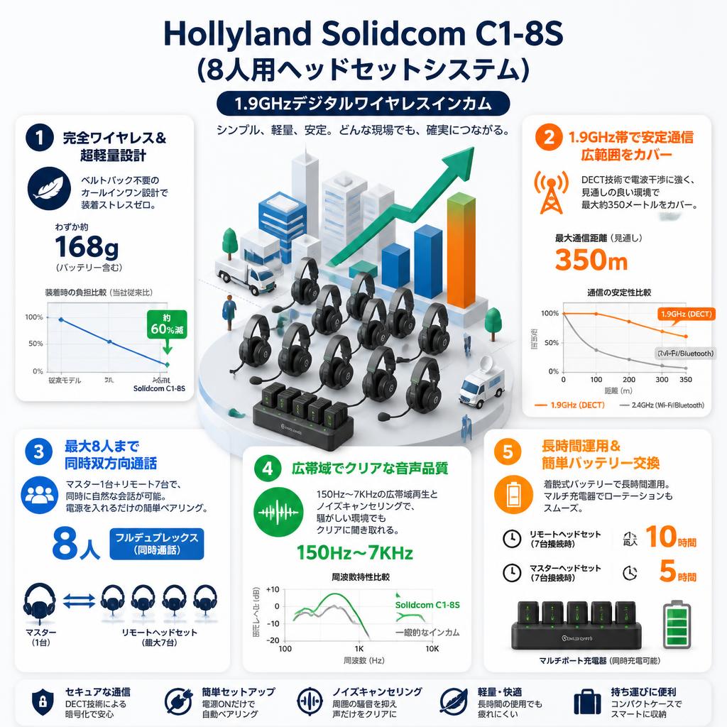 Hollyland Solidcom C1-8S (8人用ヘッドセットシステム) 1.9Ghzデジタルワイヤレスインカム セールスポイント