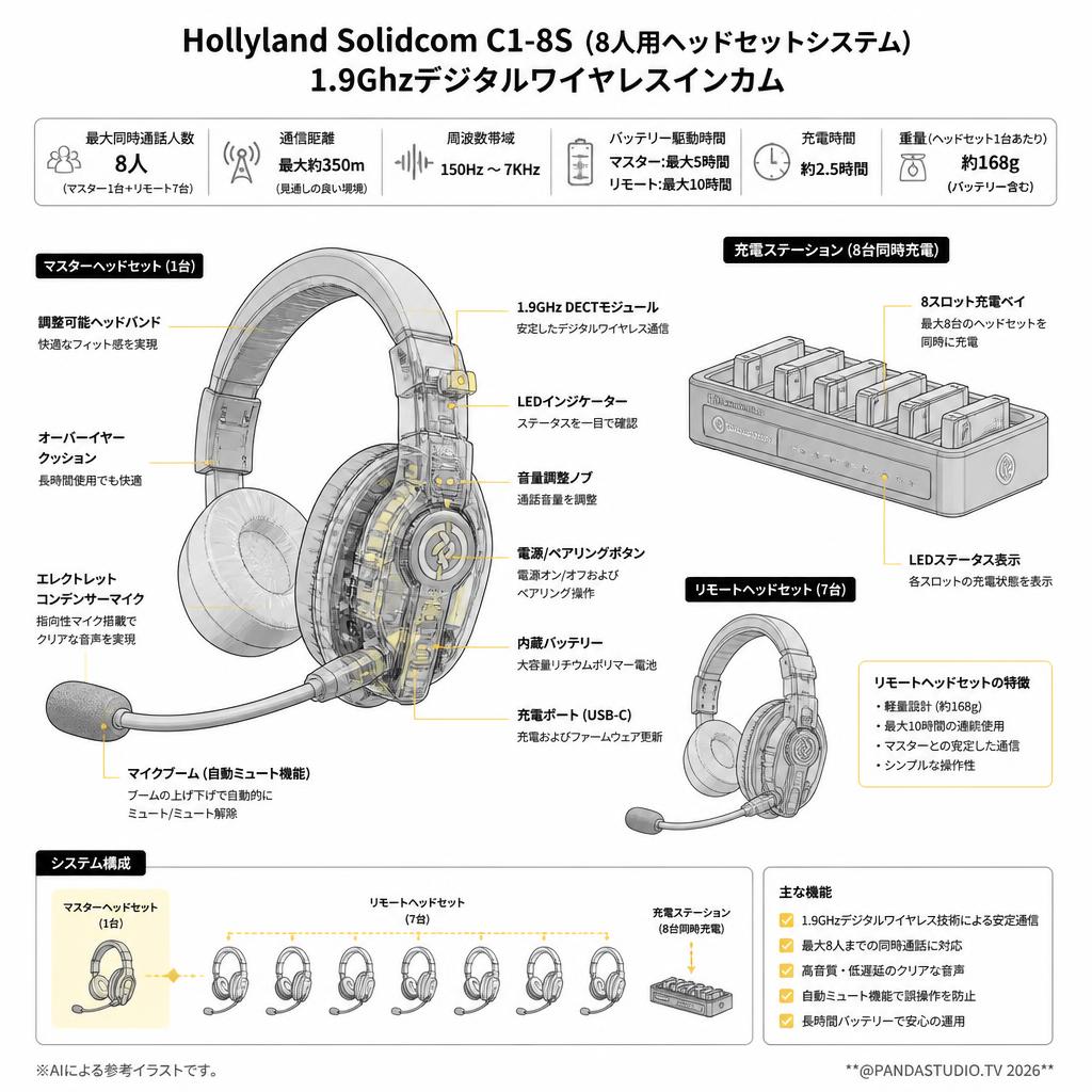 Hollyland Solidcom C1-8S (8人用ヘッドセットシステム) 1.9Ghzデジタルワイヤレスインカム スペック