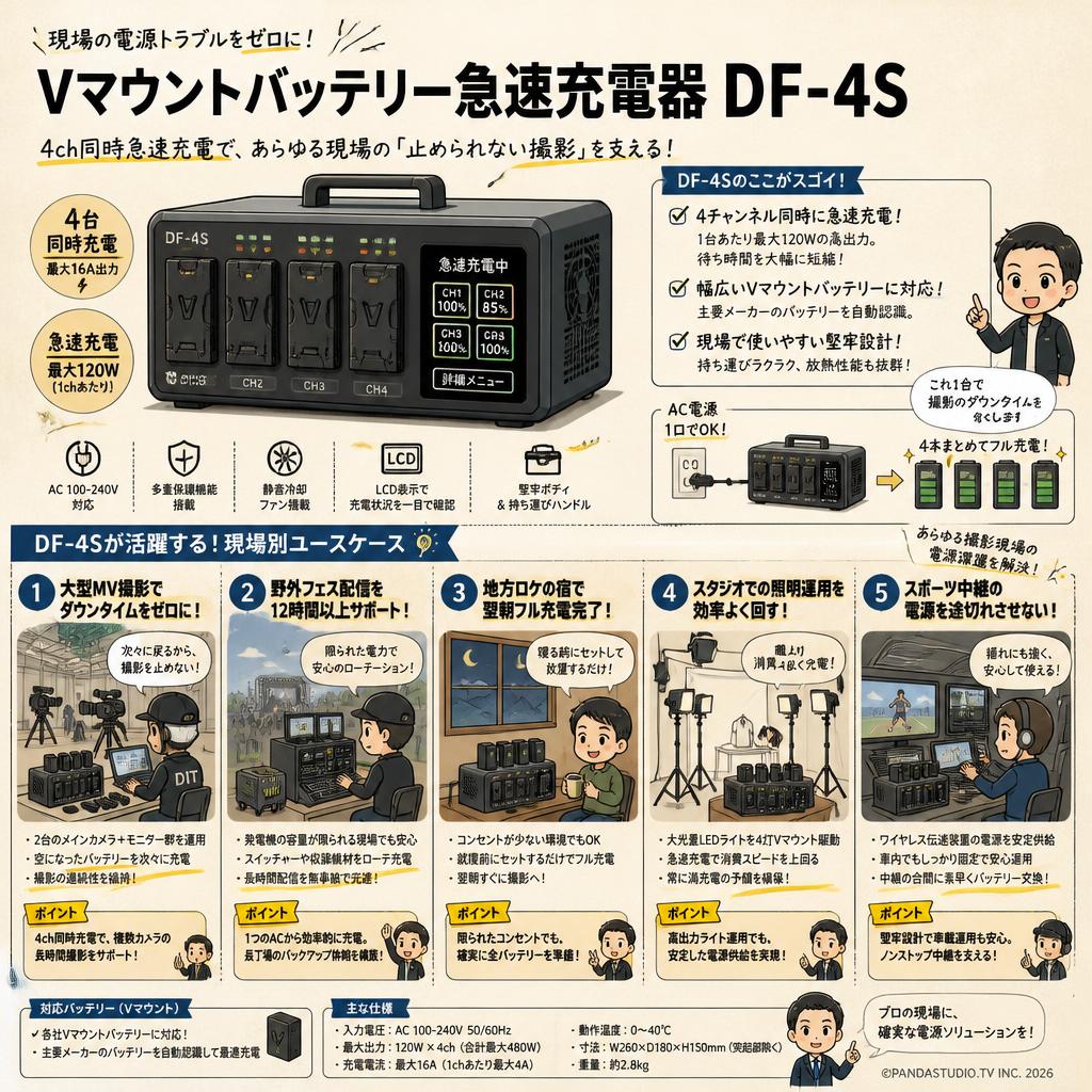 Vマウントバッテリー急速充電器 DF-4S 用途