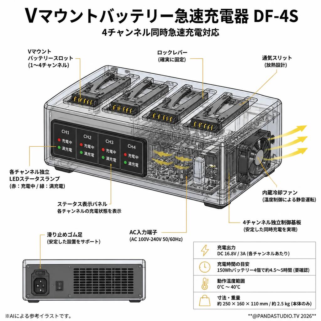 Vマウントバッテリー急速充電器 DF-4S スペック