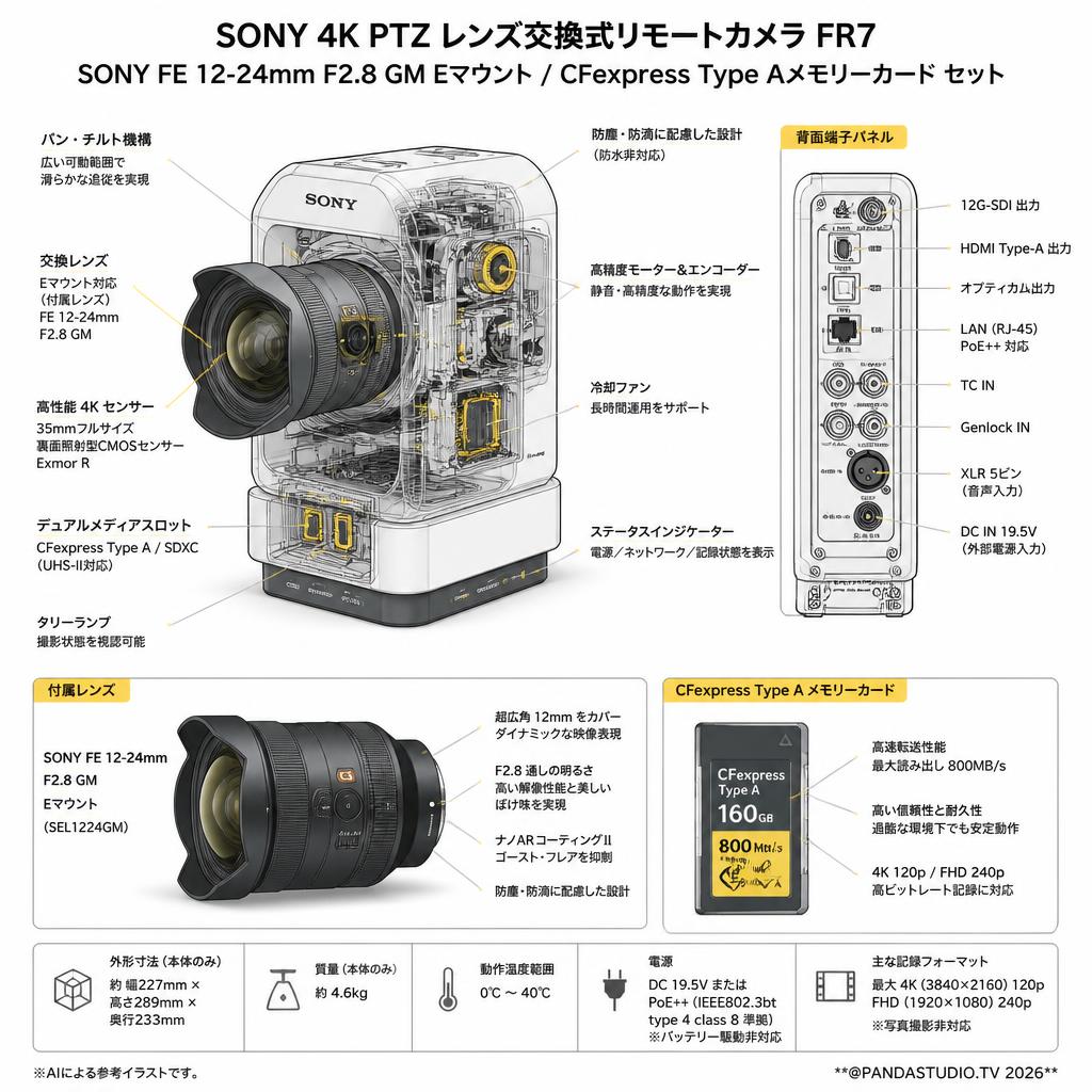 SONY 4K PTZ レンズ交換式リモートカメラ  FR7 / SONY FE 12-24mm F2.8 GM Eマウント / CFexpress Type Aメモリーカード セット スペック