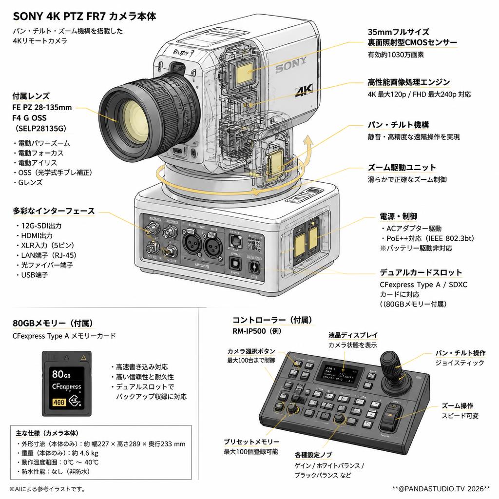 SONY 4K PTZ FR7 ＋ EF PZ 28mm-135mm F4 G (OSS)＋ 80GBメモリー ＋ コントローラーセット【法人のみレンタル可】 スペック