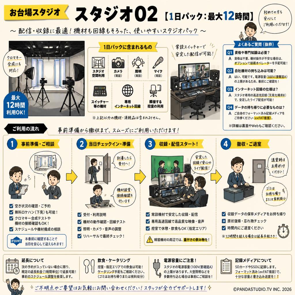 お台場スタジオ：スタジオ02【1日パック：最大12時間】 FAQ（よくある質問と答え）