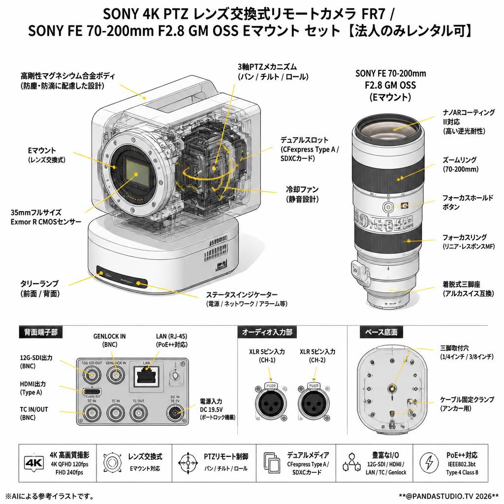 SONY 4K PTZ レンズ交換式リモートカメラ  FR7 / SONY FE 70-200mm F2.8 GM OSS Eマウント セット【法人のみレンタル可】 スペック