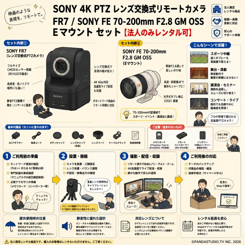 SONY 4K PTZ レンズ交換式リモートカメラ  FR7 / SONY FE 70-200mm F2.8 GM OSS Eマウント セット【法人のみレンタル可】 FAQ（よくある質問と答え）