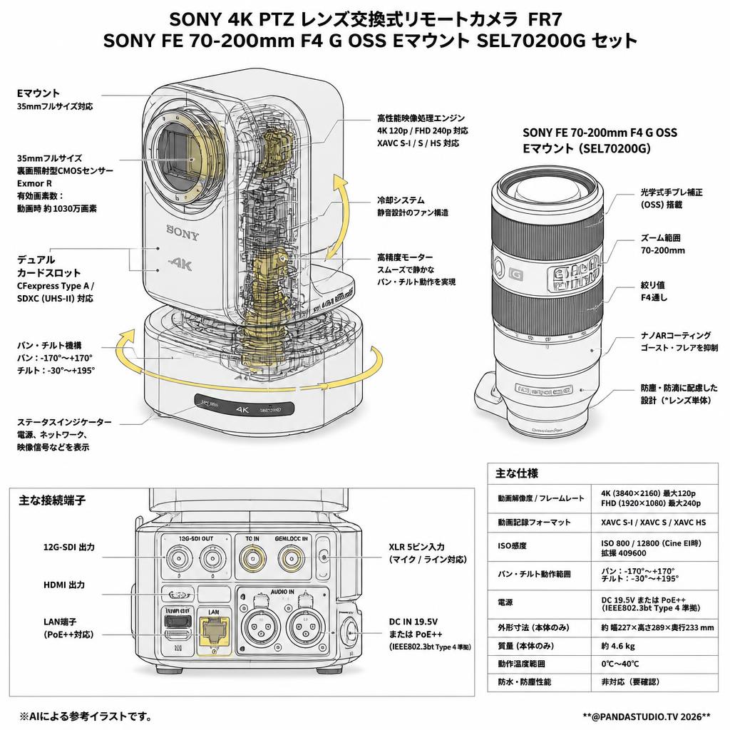 SONY 4K PTZ レンズ交換式リモートカメラ  FR7 / SONY FE 70-200mm F4 G OSS Eマウント SEL70200G セット【法人のみレンタル可】 スペック