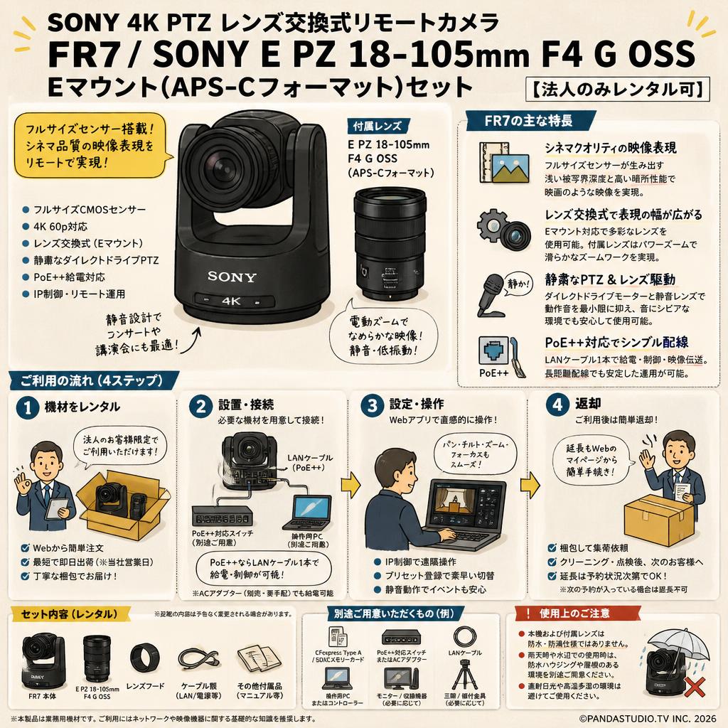 SONY 4K PTZ レンズ交換式リモートカメラ  FR7 / SONY E PZ 18-105mm F4 G OSS Eマウント(APS-Cフォーマット)セット【法人のみレンタル可】 FAQ（よくある質問と答え）