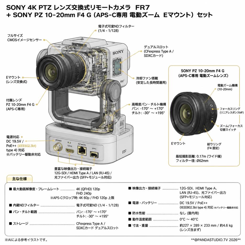 SONY 4K PTZ レンズ交換式リモートカメラ  FR7 / SONY PZ 10-20mm F4 G 【APS-C専用 電動ズーム Eマウント 】SELP1020Gセット【法人のみレンタル可】 スペック