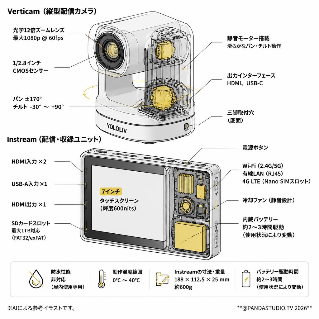 【縦型撮影対応】YOLOLIV 縦型配信カメラセットInstream / Verticam(TikTok, Instagram対応) スペック