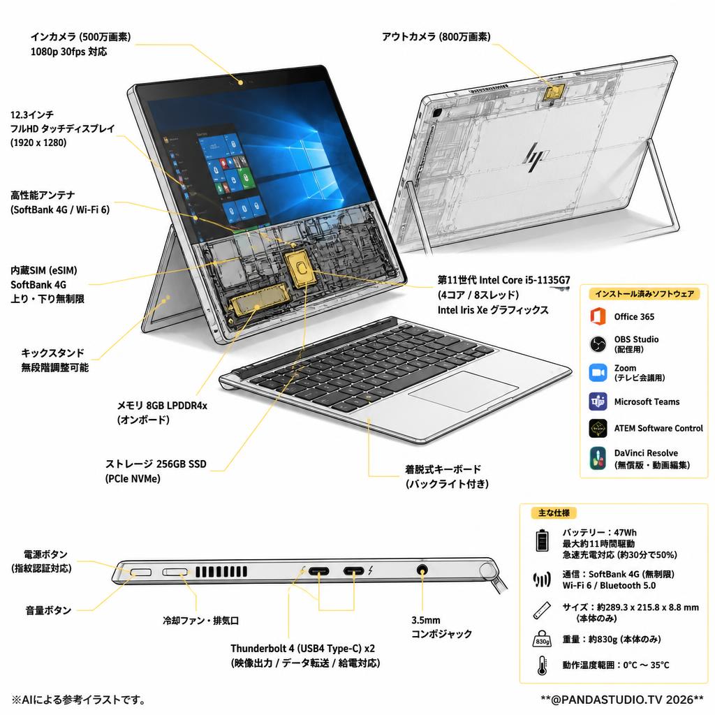 【上り・下り無制限】 SoftBank回線 4G HP Elite x2 G8 Win10【 Office365 / 配信用OBS / テレビ会議用Zoom / Microsoft Teams / ATEM Software Control / 無償版 動画編集DaVinci Resolve インストール済】 スペック