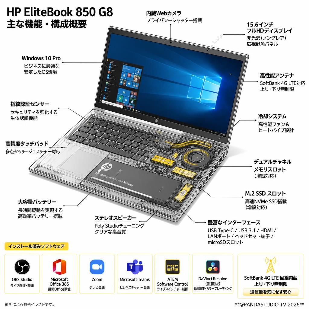 【上り・下り無制限】 SoftBank回線 4G HP EliteBook 850 G8 Win10【 配信用OBS / MS-Office365 / テレビ会議用Zoom / Microsoft Teams / ATEM Software Control / 無償版 動画編集DaVinci Resolve インストール済】 スペック