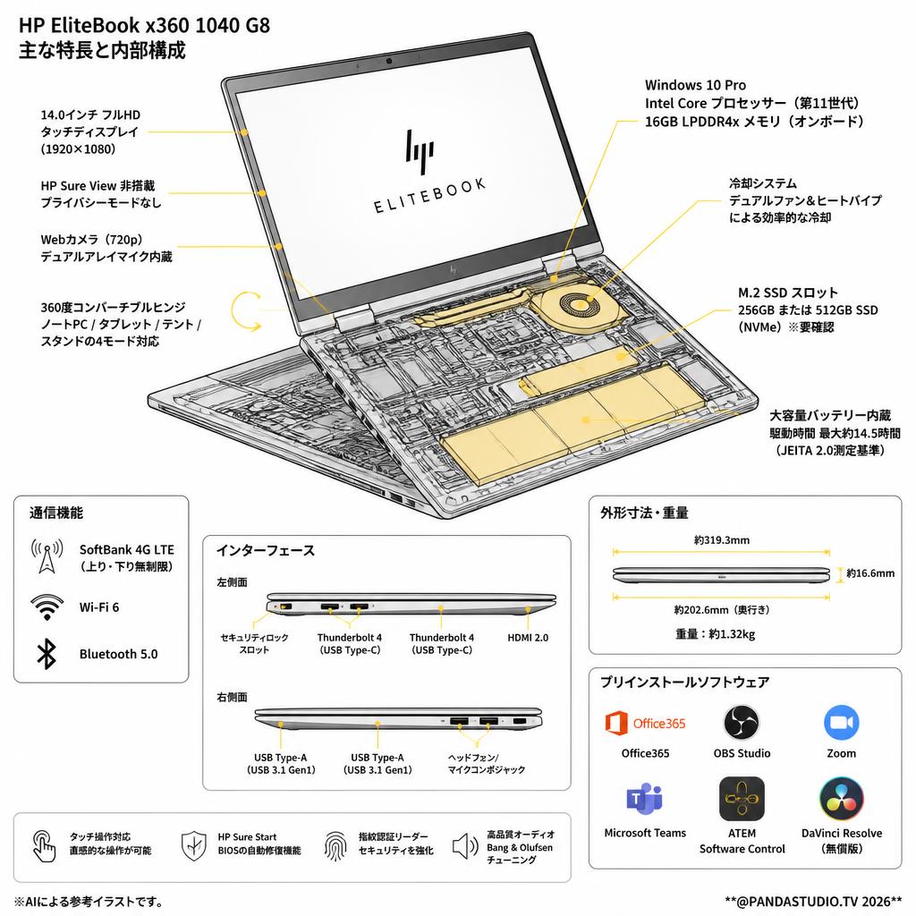 【上り・下り無制限】 SoftBank回線 4G HP EliteBook x360 1040 G8 Win10【 Office365 / 配信用OBS / テレビ会議用Zoom / Microsoft Teams / ATEM Software Control / 無償版 動画編集DaVinci Resolve インストール済】 スペック
