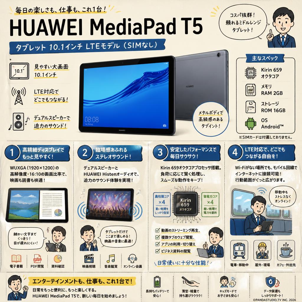 HUAWEI MediaPad T5 タブレット 10.1インチ LTEモデル(SIMなし） RAM2GB/ROM16GB 概要