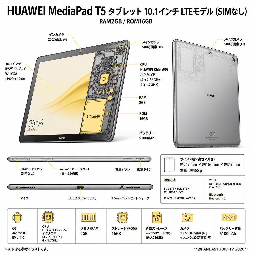 HUAWEI MediaPad T5 タブレット 10.1インチ LTEモデル(SIMなし） RAM2GB/ROM16GB スペック