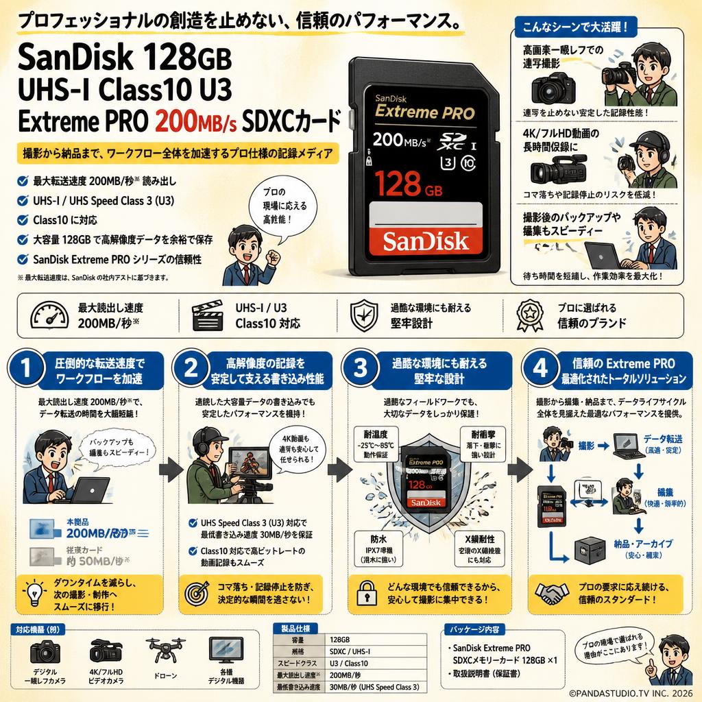 SanDisk 128GB UHS-I Class10 U3 Extreme PRO 200MB/s SDXCカード 概要