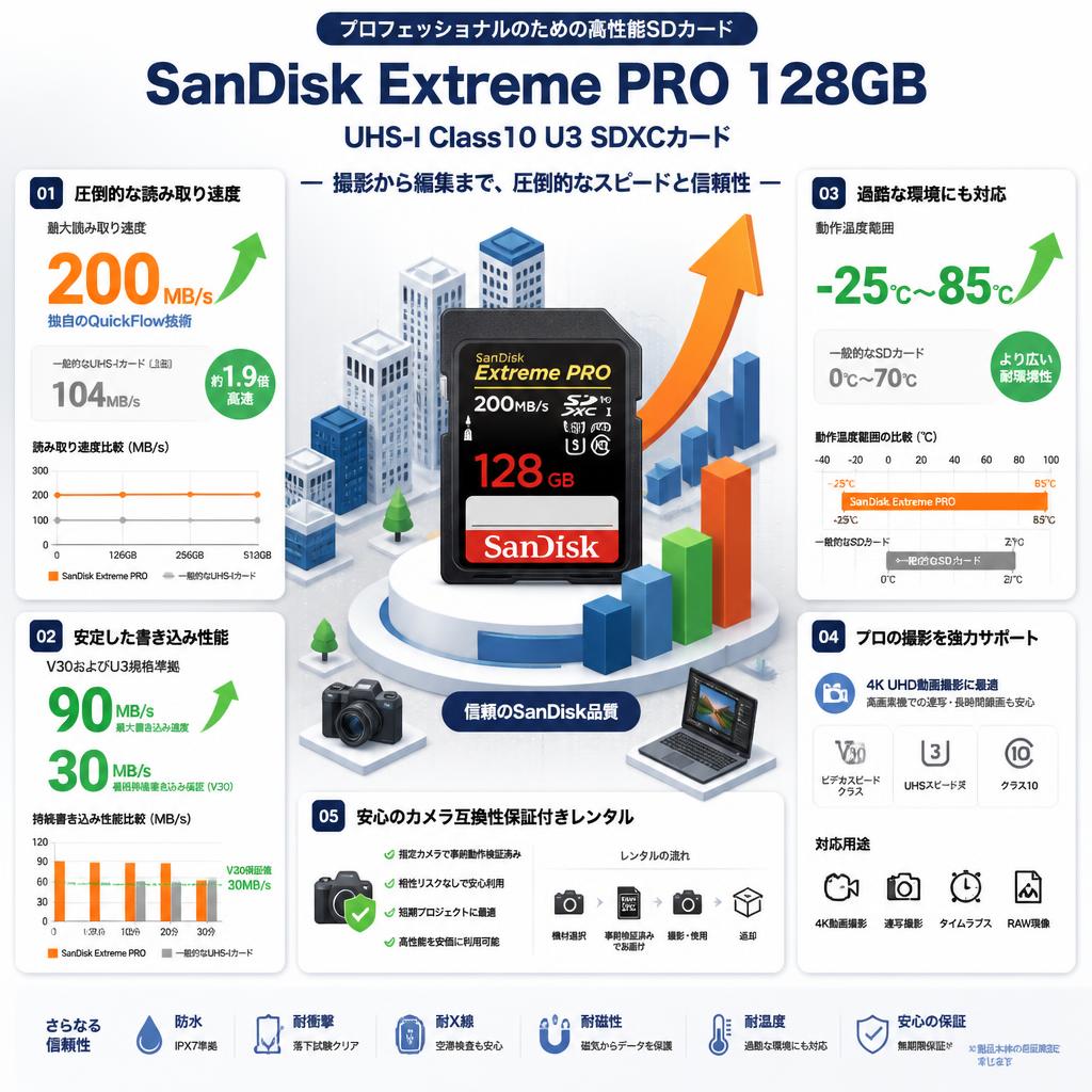 SanDisk 128GB UHS-I Class10 U3 Extreme PRO 200MB/s SDXCカード セールスポイント