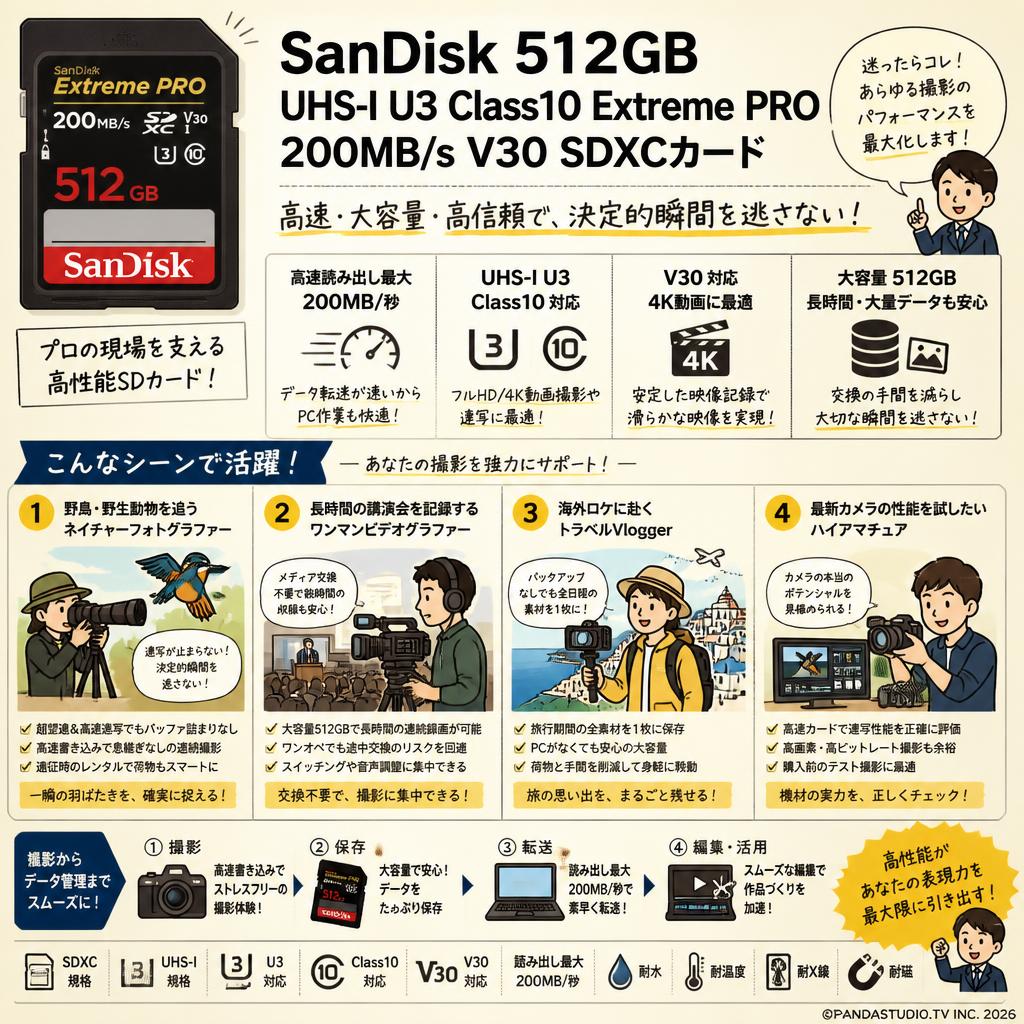SanDisk  512GB UHS-I U3 Class10  Extreme PRO 200MB/s  V30 SDXCカード おもな対象のお客様
