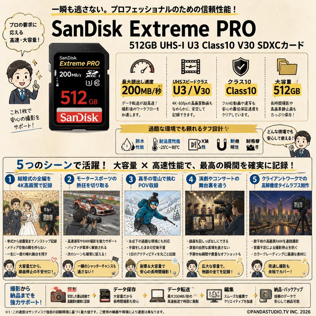 SanDisk  512GB UHS-I U3 Class10  Extreme PRO 200MB/s  V30 SDXCカード 用途
