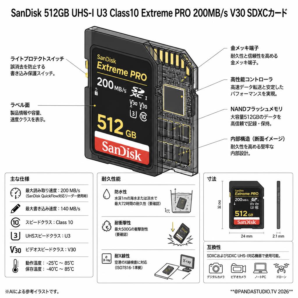 SanDisk  512GB UHS-I U3 Class10  Extreme PRO 200MB/s  V30 SDXCカード スペック