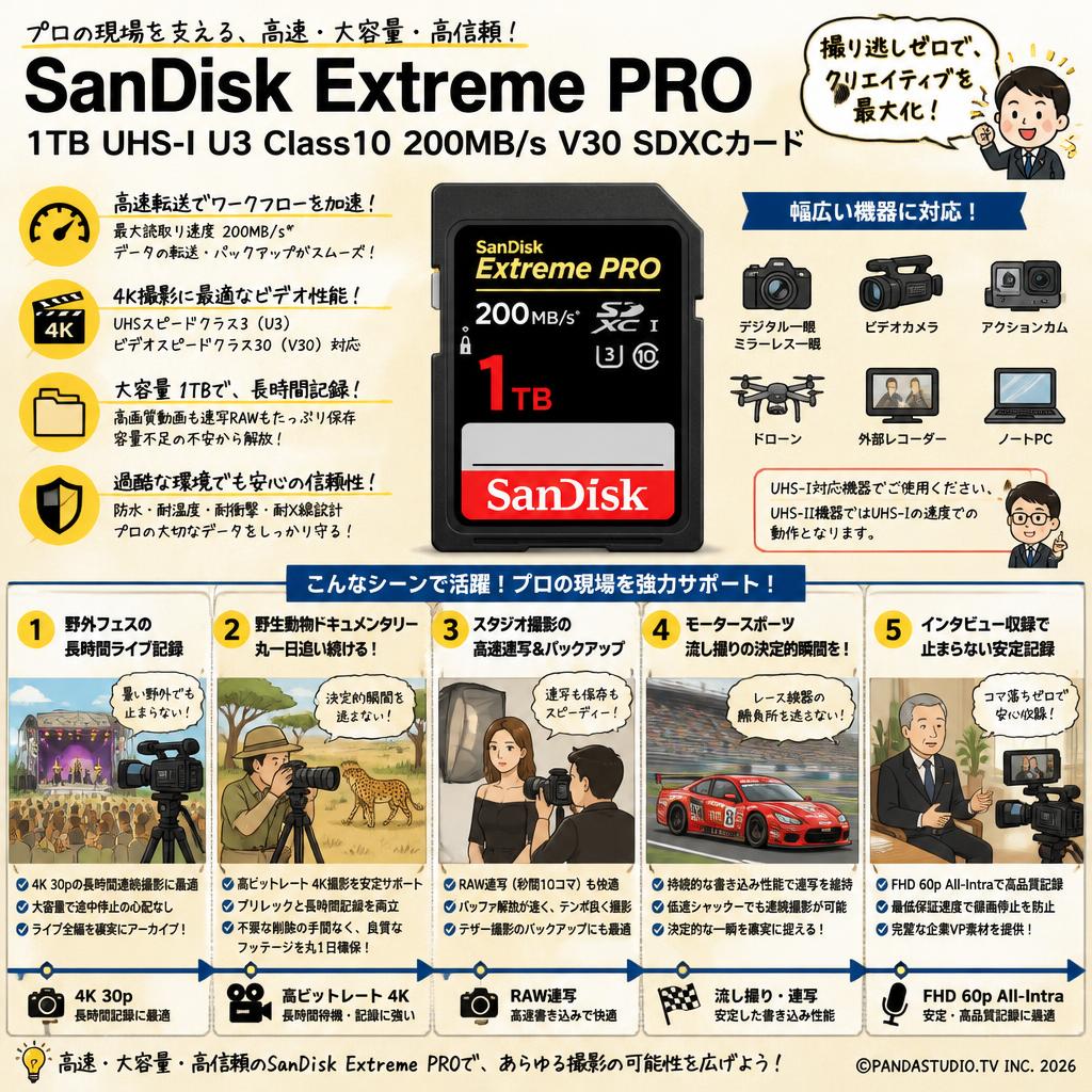 SanDisk 1TB UHS-I U3 Class10  Extreme PRO 200MB/s  V30 SDXCカード 用途