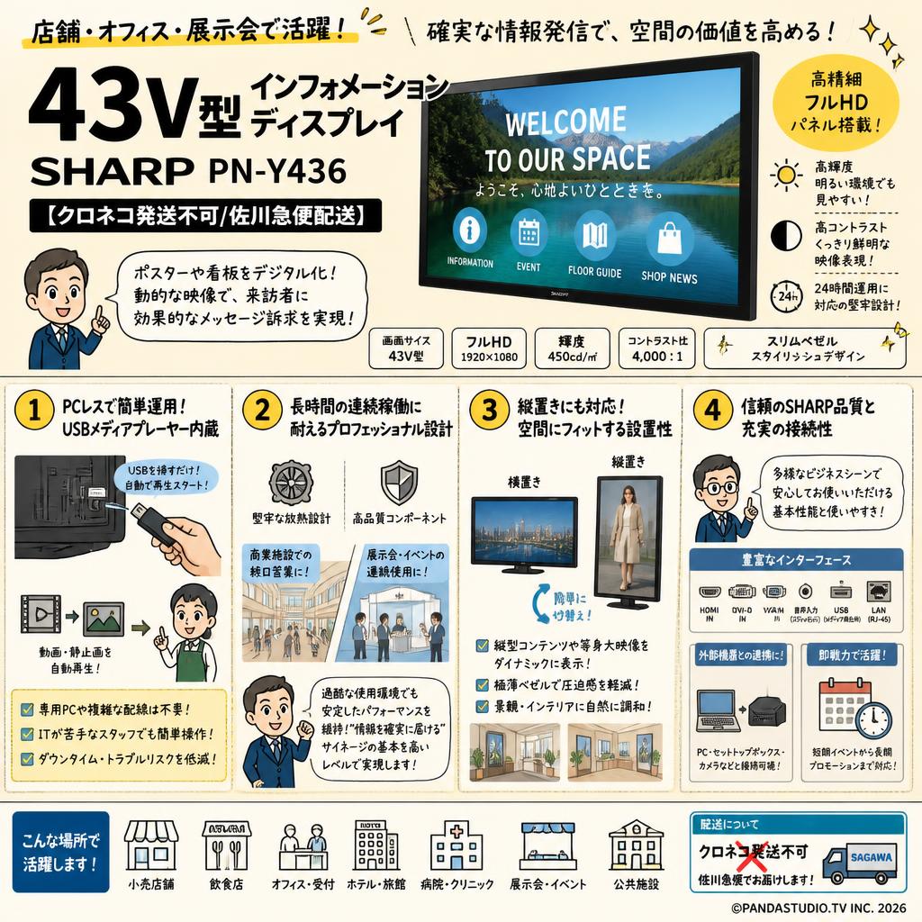 43V型 インフォメーションディスプレイ SHARP PN-Y436【クロネコ発送不可/佐川急便配送】 概要