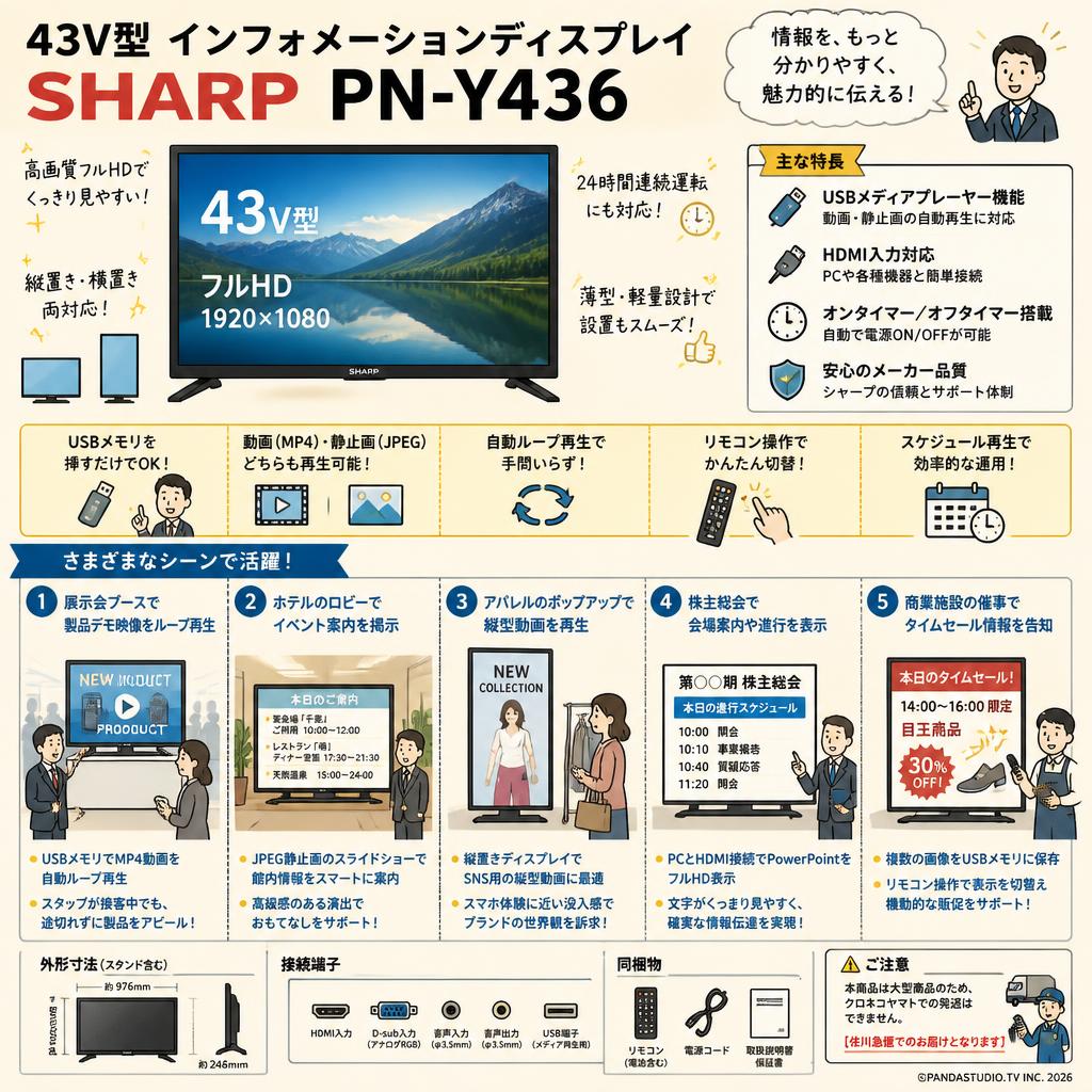 43V型 インフォメーションディスプレイ SHARP PN-Y436【クロネコ発送不可/佐川急便配送】 用途