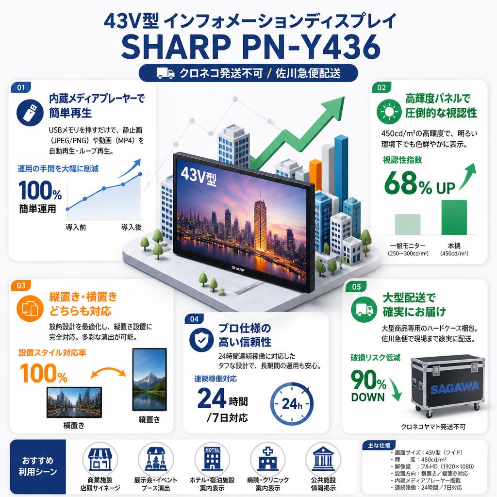 43V型 インフォメーションディスプレイ SHARP PN-Y436【クロネコ発送不可/佐川急便配送】 セールスポイント