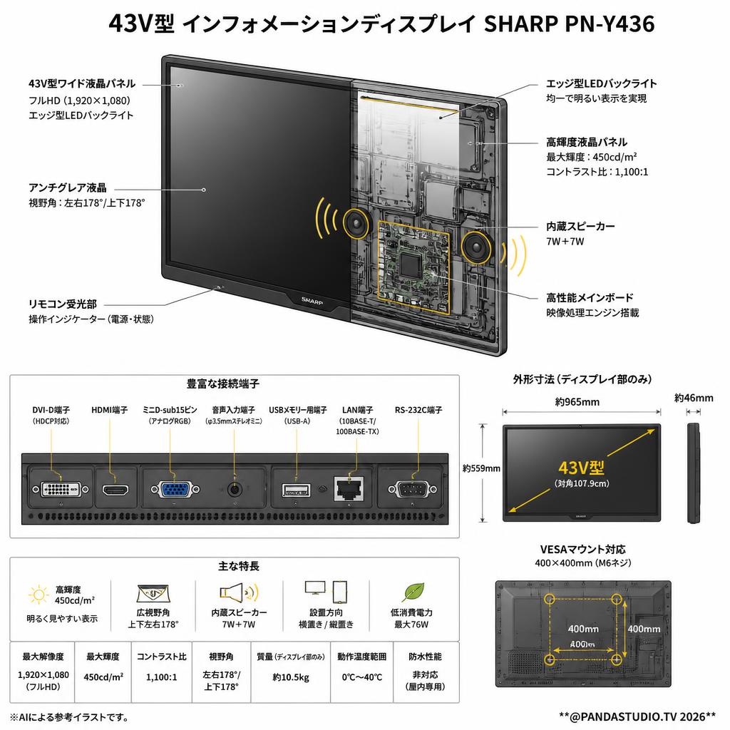 43V型 インフォメーションディスプレイ SHARP PN-Y436【クロネコ発送不可/佐川急便配送】 スペック
