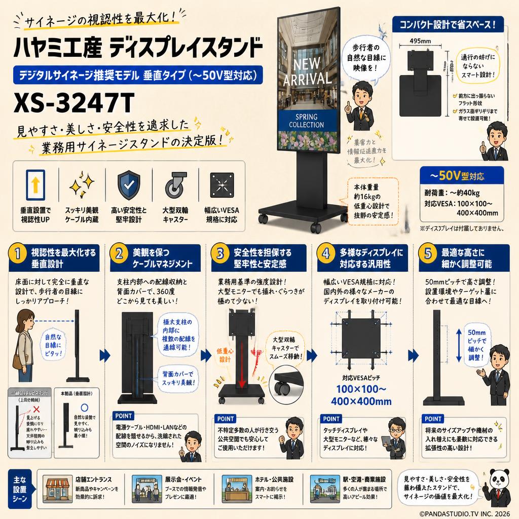 ハヤミ工産 ディスプレイスタンド  デジタルサイネージ推奨モデル 垂直タイプ （～50V型対応）XS-3247T 概要