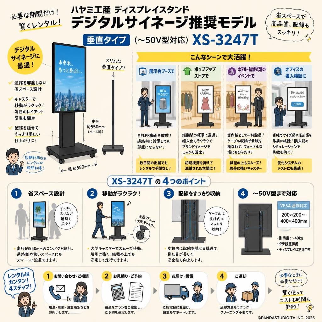 ハヤミ工産 ディスプレイスタンド  デジタルサイネージ推奨モデル 垂直タイプ （～50V型対応）XS-3247T おもな対象のお客様
