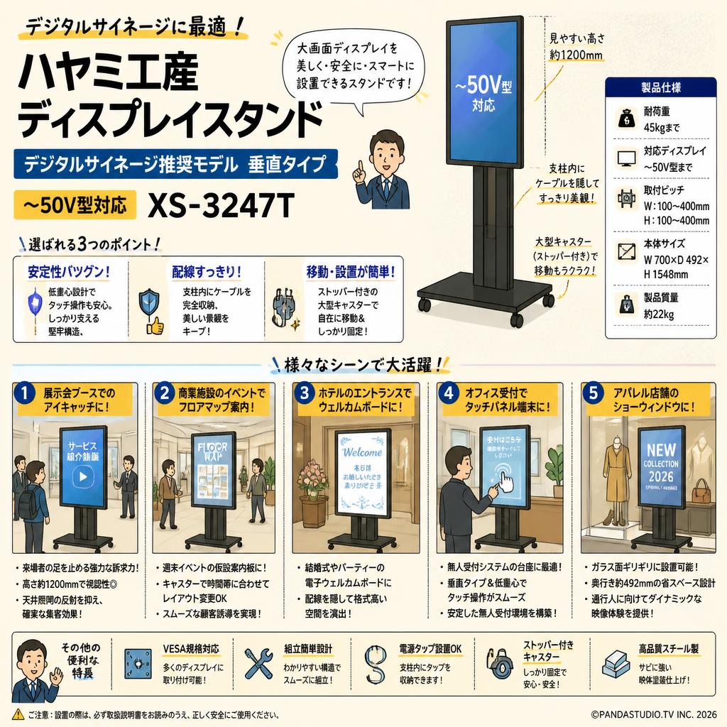 ハヤミ工産 ディスプレイスタンド  デジタルサイネージ推奨モデル 垂直タイプ （～50V型対応）XS-3247T 用途