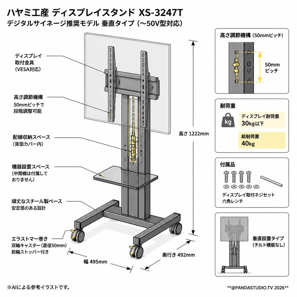 ハヤミ工産 ディスプレイスタンド  デジタルサイネージ推奨モデル 垂直タイプ （～50V型対応）XS-3247T スペック