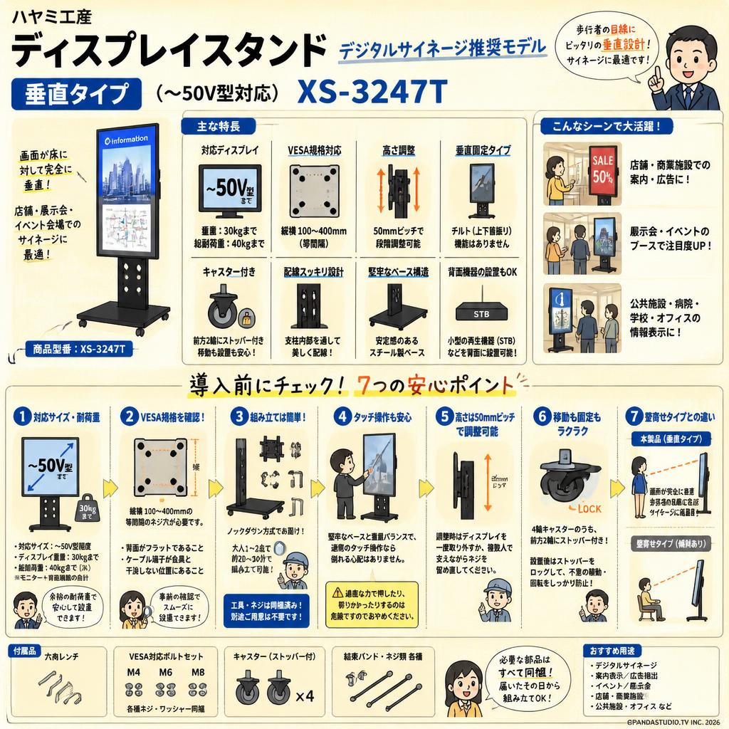 ハヤミ工産 ディスプレイスタンド  デジタルサイネージ推奨モデル 垂直タイプ （～50V型対応）XS-3247T FAQ（よくある質問と答え）