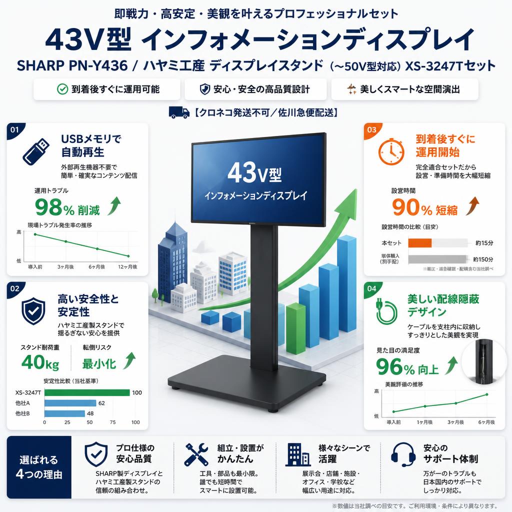 43V型 インフォメーションディスプレイ SHARP PN-Y436 / ハヤミ工産 ディスプレイスタンド （～50V型対応）XS-3247Tセット【クロネコ発送不可/佐川急便配送】 セールスポイント