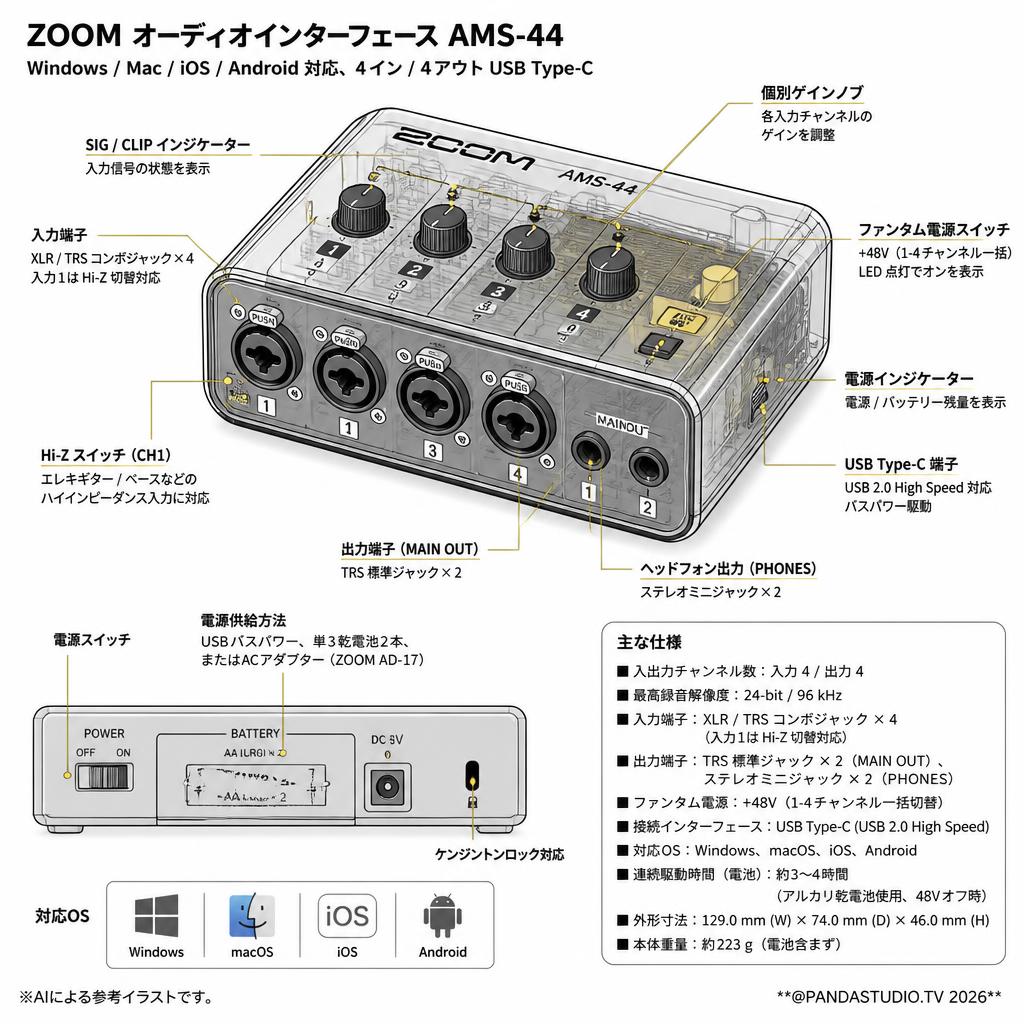 ZOOM オーディオインターフェース Windows/Mac/iOS/Android対応、4イン/4アウト USB Type-C AMS-44 スペック