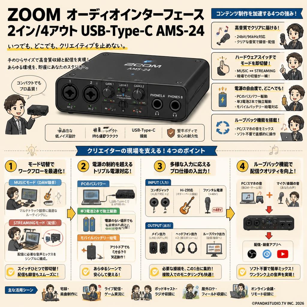 ZOOM オーディオインターフェース  2イン/4アウト USB-Type-C AMS-24 概要