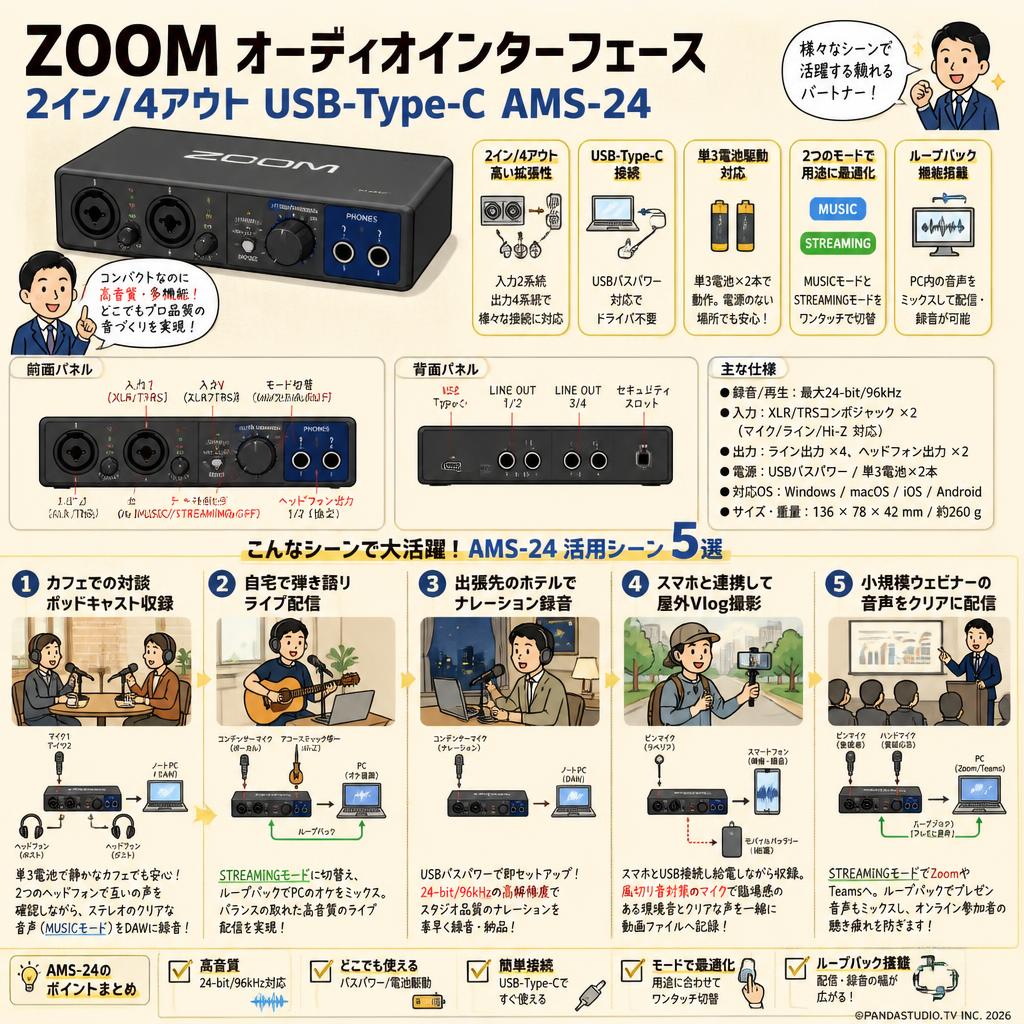ZOOM オーディオインターフェース  2イン/4アウト USB-Type-C AMS-24 用途
