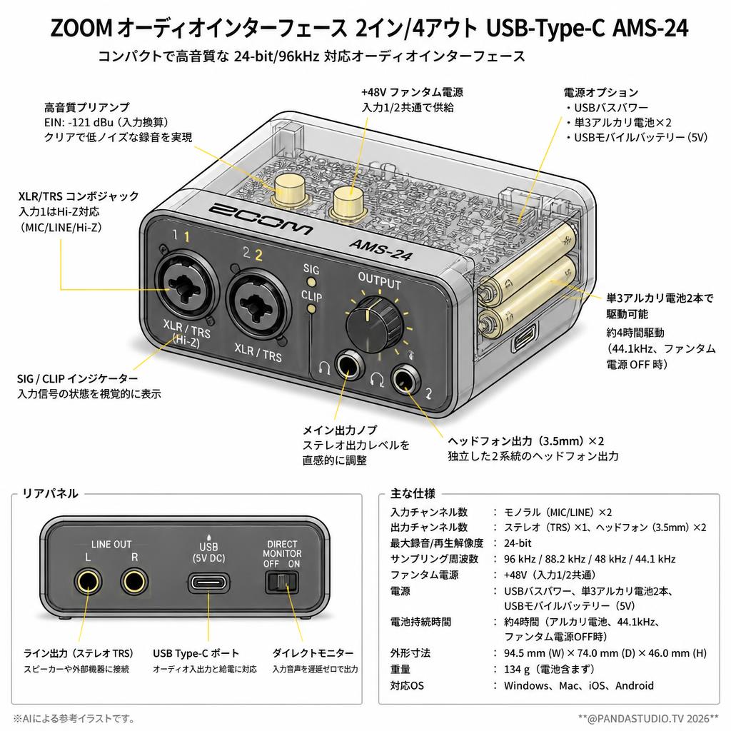 ZOOM オーディオインターフェース  2イン/4アウト USB-Type-C AMS-24 スペック