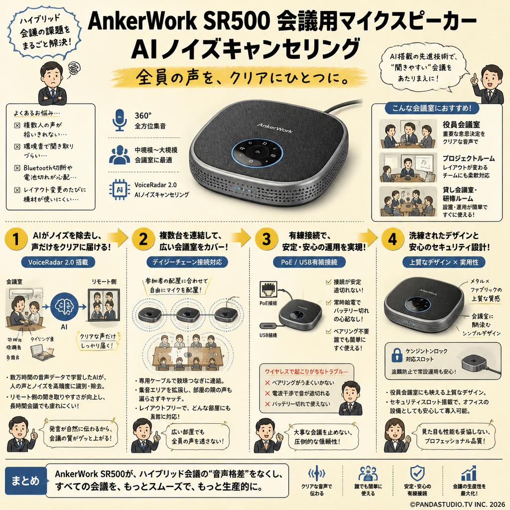 AnkerWork SR500 会議用マイクスピーカー AI ノイズキャンセリング 概要