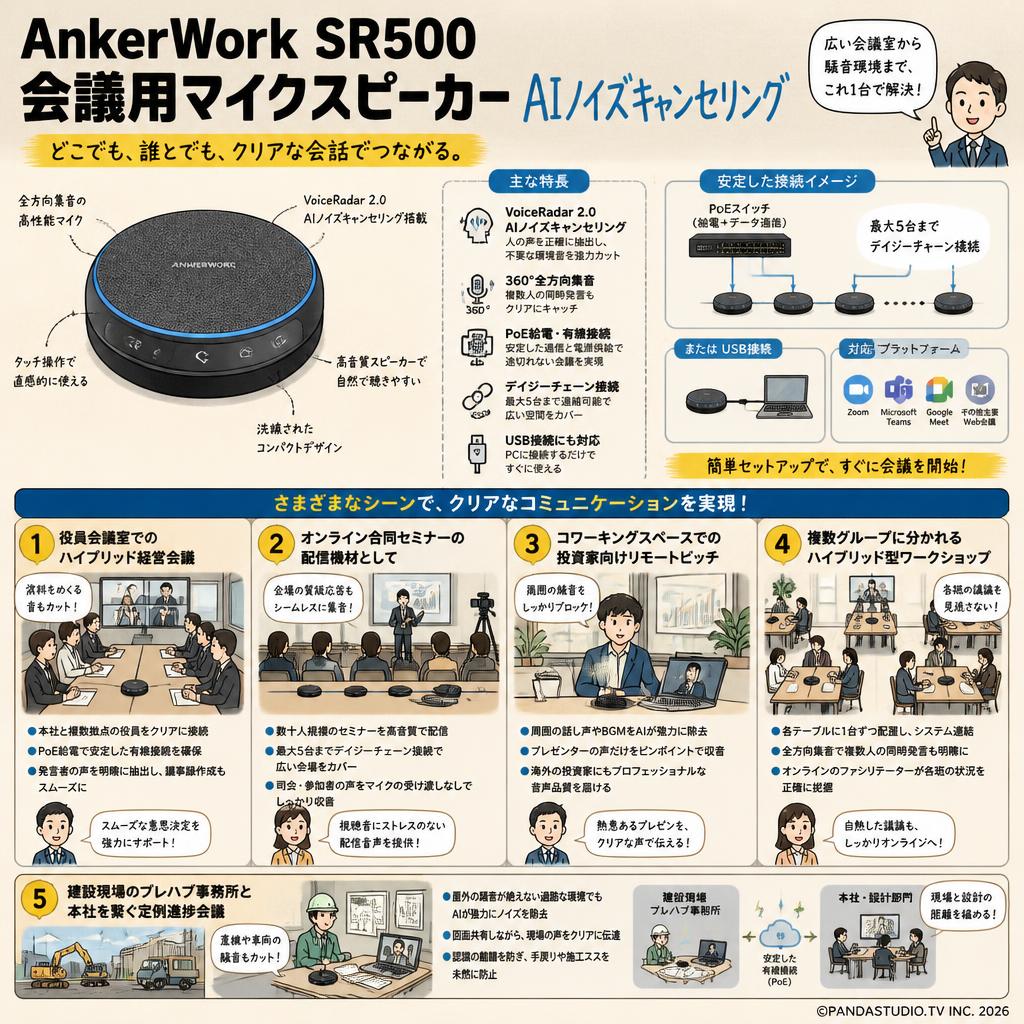 AnkerWork SR500 会議用マイクスピーカー AI ノイズキャンセリング 用途