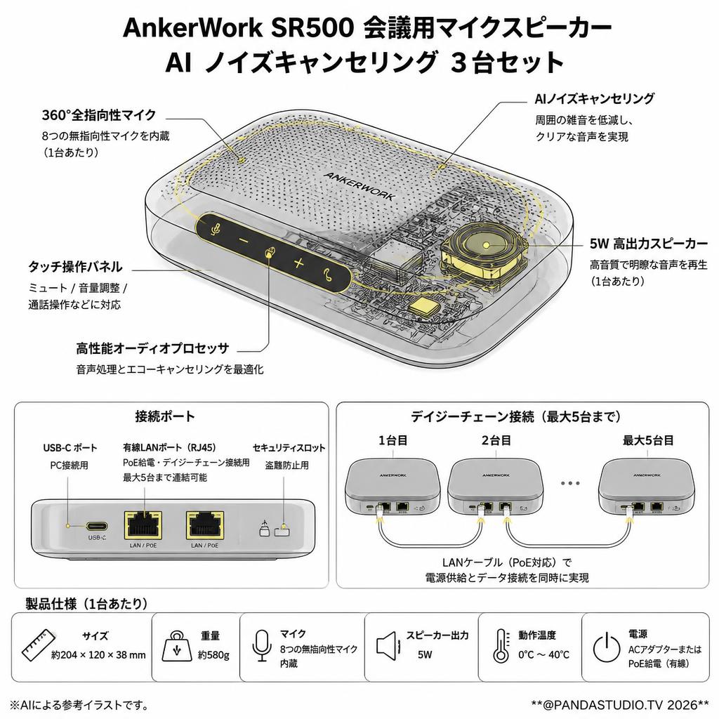 AnkerWork SR500 会議用マイクスピーカー AI ノイズキャンセリング３台セット スペック