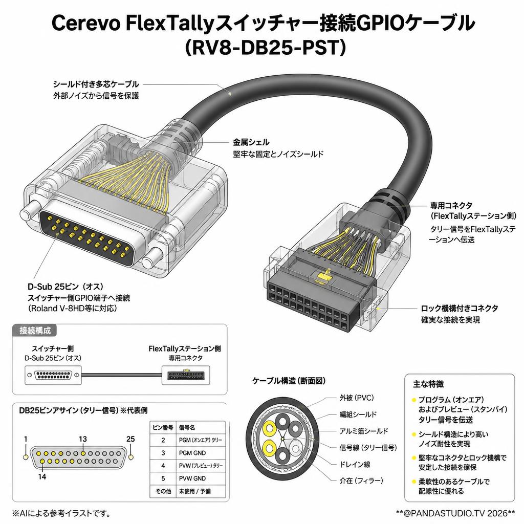 Cerevo FlexTallyスイッチャー接続GPIOケーブル (RV8-DB25-PST) スペック