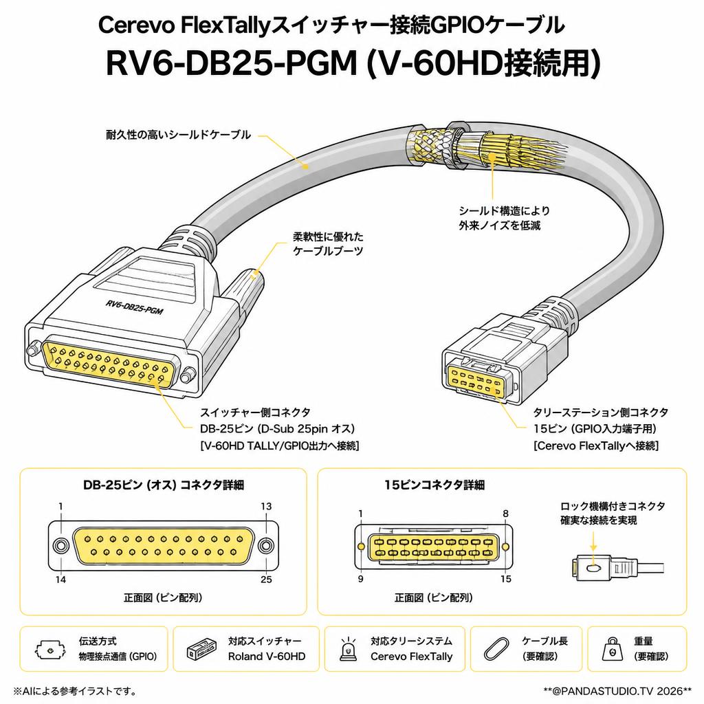 Cerevo FlexTallyスイッチャー接続GPIOケーブル　RV6-DB25-PGM (V-60HD接続用) スペック
