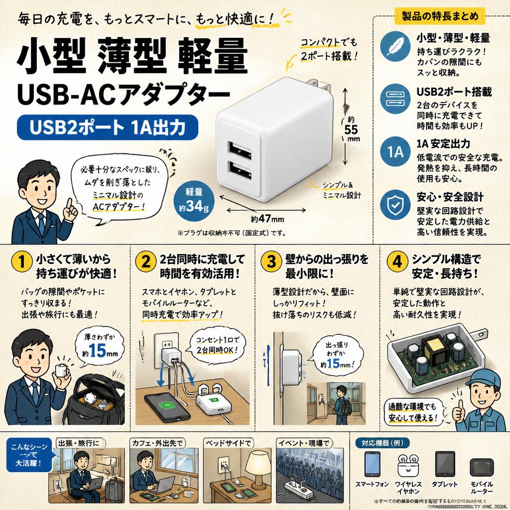 小型 薄型 軽量 USB-ACアダプター USB2ポート 1A出力 概要