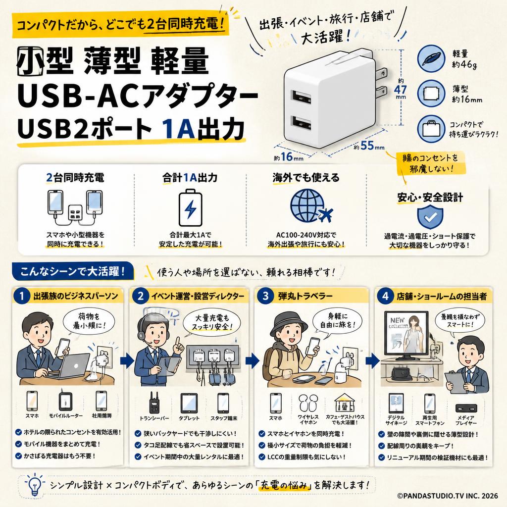 小型 薄型 軽量 USB-ACアダプター USB2ポート 1A出力 おもな対象のお客様
