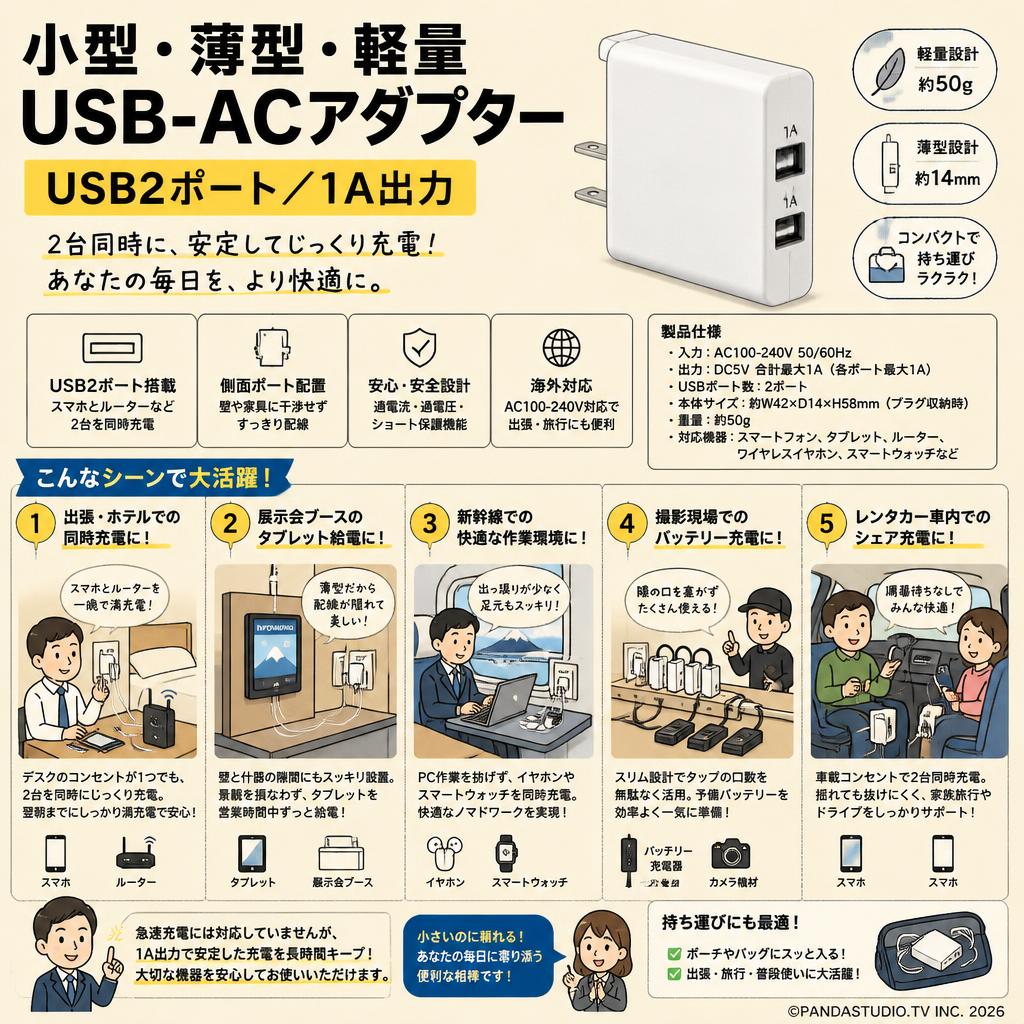 小型 薄型 軽量 USB-ACアダプター USB2ポート 1A出力 用途