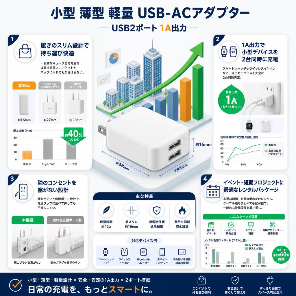小型 薄型 軽量 USB-ACアダプター USB2ポート 1A出力 セールスポイント