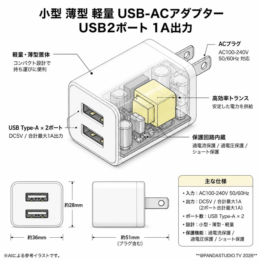 小型 薄型 軽量 USB-ACアダプター USB2ポート 1A出力 スペック