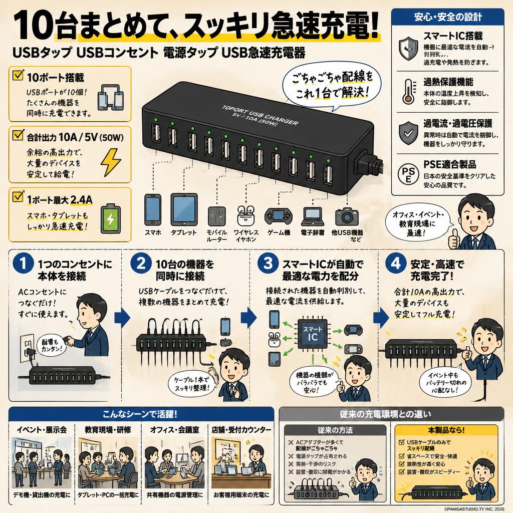 USBタップ USBコンセント 電源タップ USB急速充電器  10ポート 10A 5V 概要